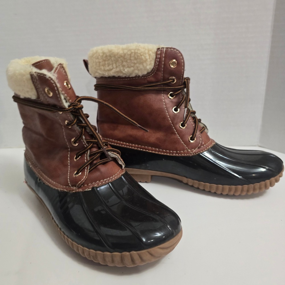 Yoki Womens Brown Black Lace Up Sherpa‎ Lined Duck Boots Size 7.5